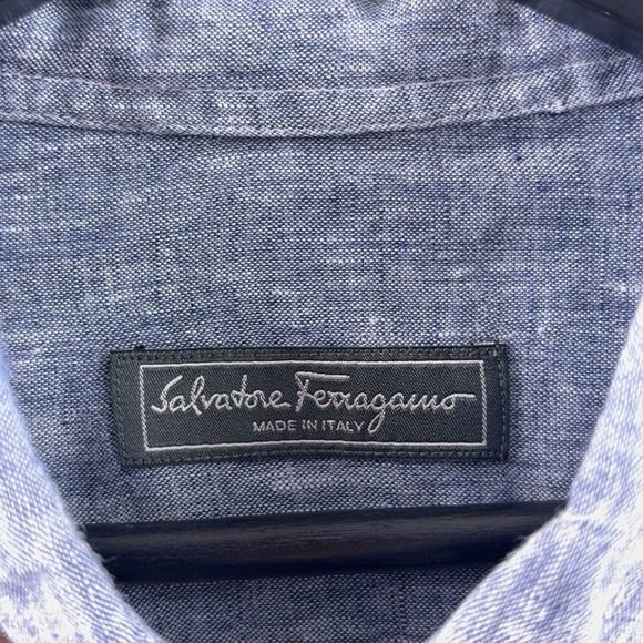 Salvatore Ferragamo Button Down Shirt Mens Size XXL Blue Linen Long Sleeve - Picture 6 of 8